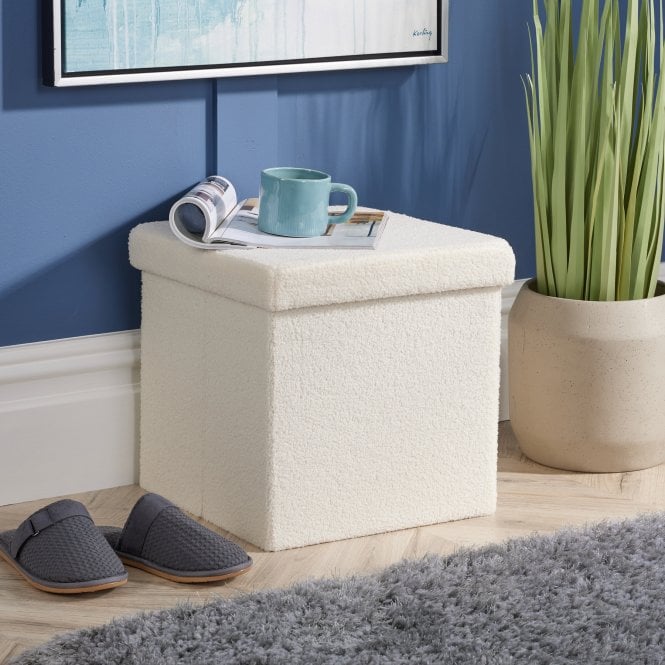 Home Source Cream Square Furry Ottoman